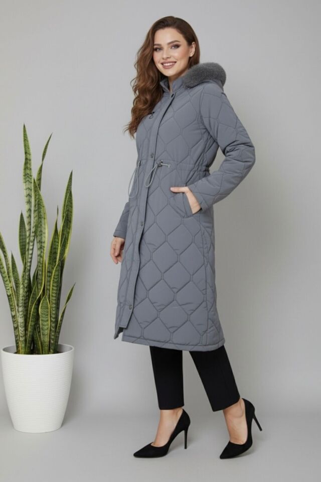 Kadın Yeni Sezon Beli Bağcıklı Novam Kumaş Mont Siyah KS2549 48 - Gri