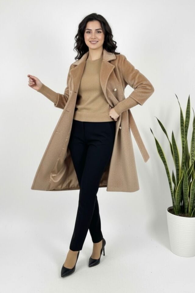 Kadın Yeni Sezon Belden Bağlamalı Fox Kumaş Kaban Vizon KS2550 38 - Vizon