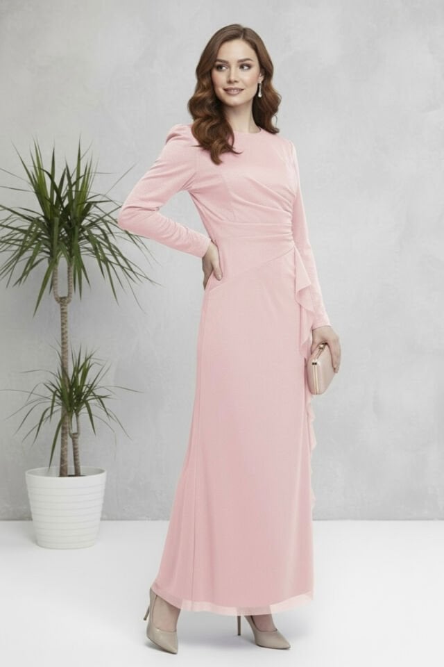 Yeni Sezon Kadın Simli Tül Abiye Elbise YZ2505 Pudra - 48