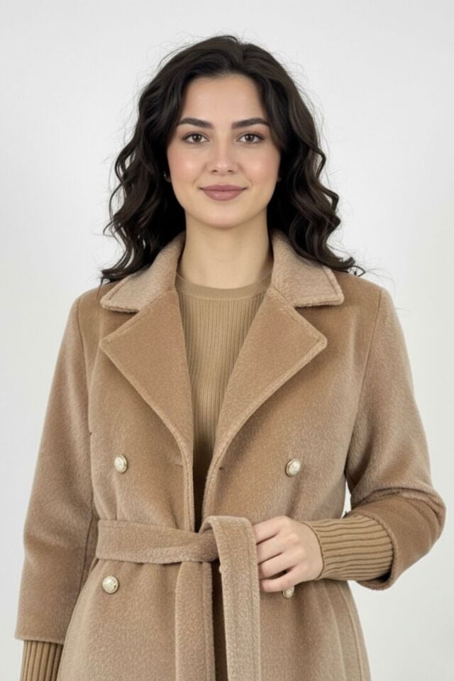 Kadın Yeni Sezon Belden Bağlamalı Fox Kumaş Kaban Vizon KS2550 40 - Vizon