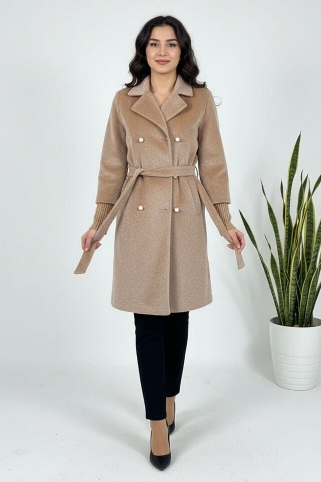 Kadın Yeni Sezon Belden Bağlamalı Fox Kumaş Kaban Vizon KS2550 40 - Vizon