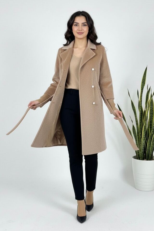 Kadın Yeni Sezon Belden Bağlamalı Fox Kumaş Kaban Vizon KS2550 40 - Vizon