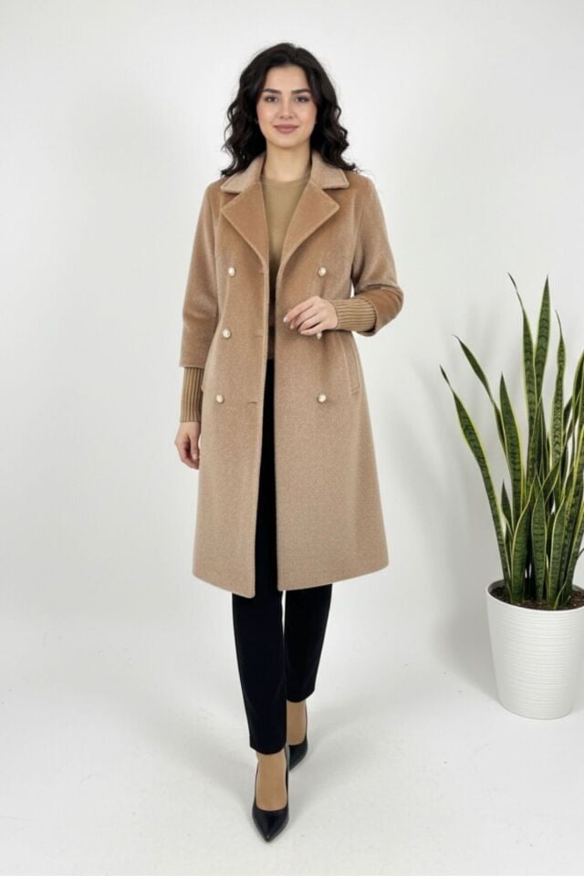 Kadın Yeni Sezon Belden Bağlamalı Fox Kumaş Kaban Vizon KS2550 40 - Vizon