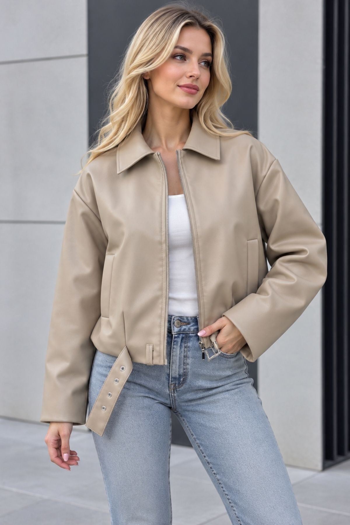 İçi Rengine Renk Kürklü Oversize Kadın Deri Ceket Mont KS2605 Bej - 2XL