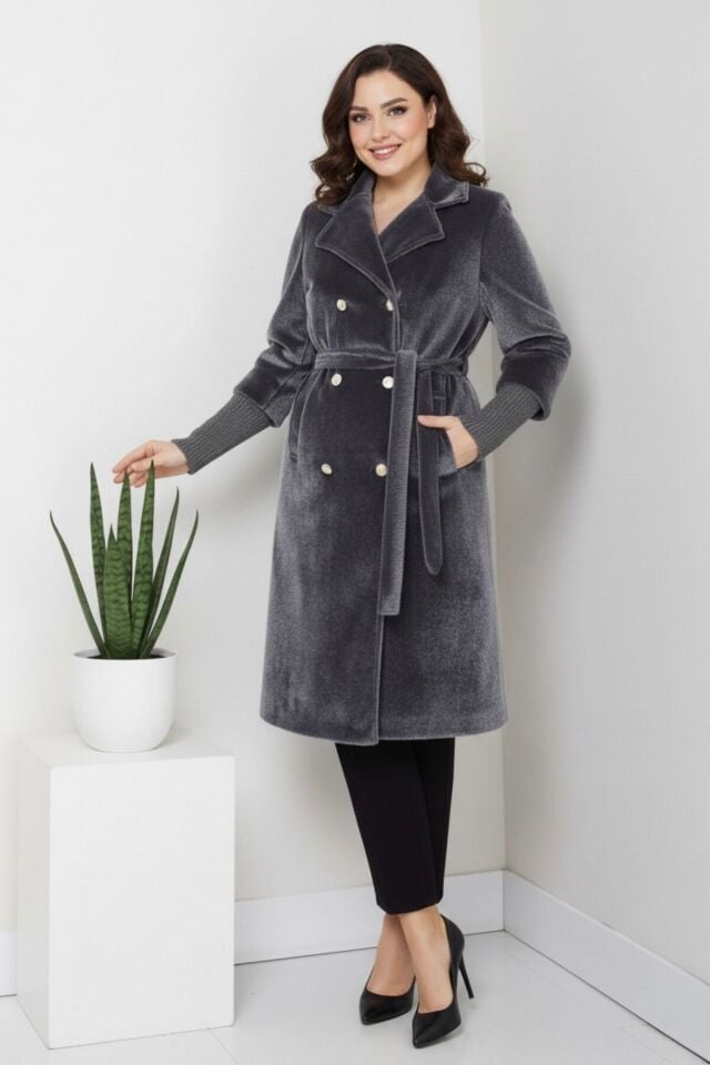 Kadın Yeni Sezon Belden Bağlamalı Fox Kumaş Kaban Vizon KS2550 38 - Füme