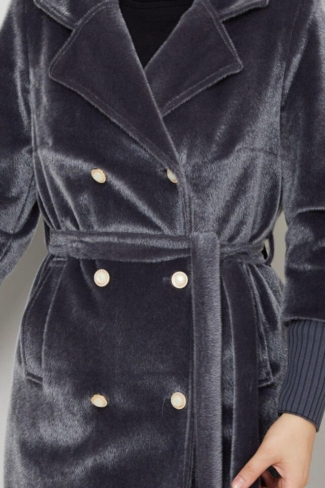 Kadın Yeni Sezon Belden Bağlamalı Fox Kumaş Kaban Vizon KS2550 38 - Füme