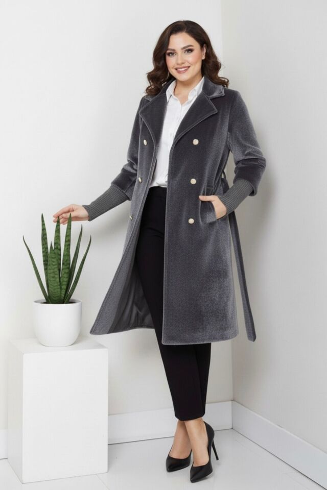 Kadın Yeni Sezon Belden Bağlamalı Fox Kumaş Kaban Vizon KS2550 38 - Füme