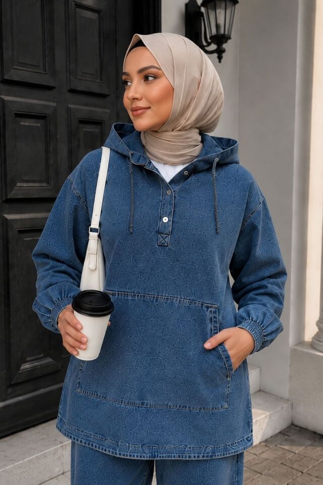 Kadın Kapüşonlu Kanguru Cepli Oversize İkili Kot Takım Günlük Rahat KombinYZ2722 Lacivert - 48