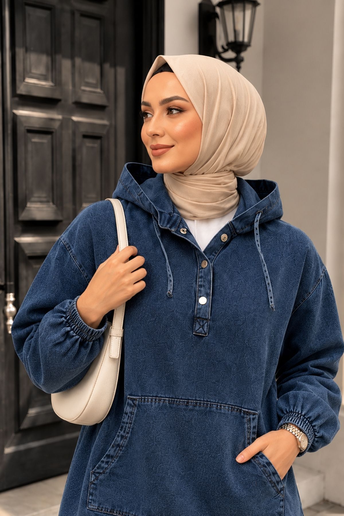 Kadın Kapüşonlu Kanguru Cepli Oversize İkili Kot Takım Günlük Rahat KombinYZ2722 Koyu Lacivert - 42