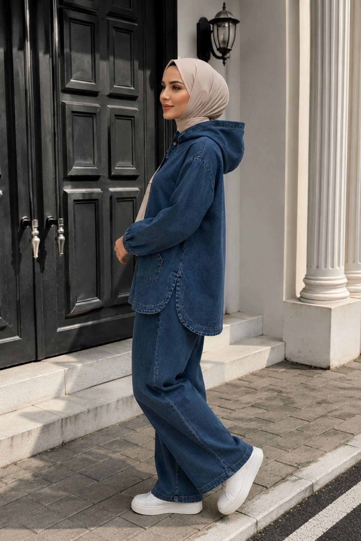 Kadın Kapüşonlu Kanguru Cepli Oversize İkili Kot Takım Günlük Rahat KombinYZ2722 Koyu Lacivert - 42
