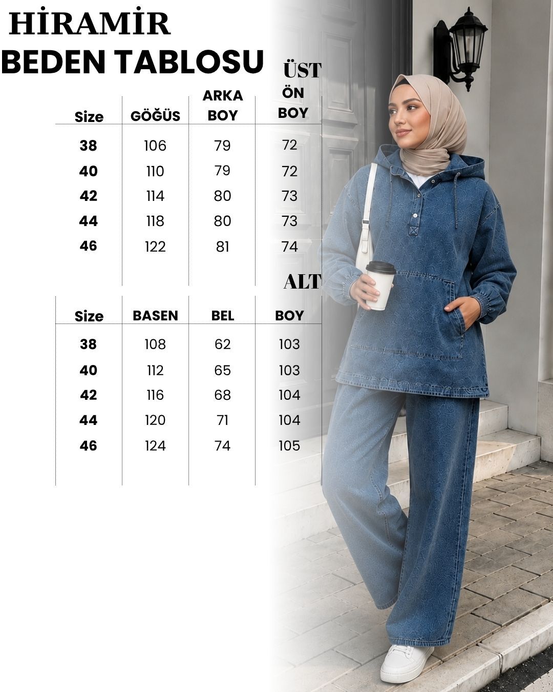 Kadın Kapüşonlu Kanguru Cepli Oversize İkili Kot Takım Günlük Rahat KombinYZ2722 Koyu Lacivert - 42