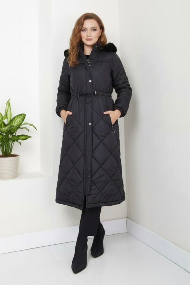 Yeni Sezon Kadın Kapüşonlu Uzun Mont KS2567 38 - siyah