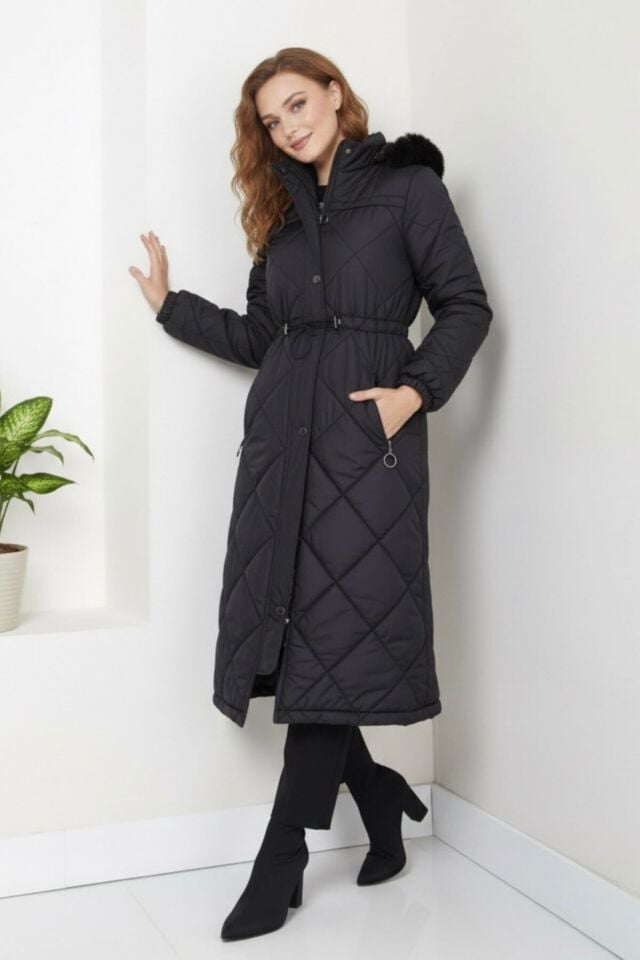 Yeni Sezon Kadın Kapüşonlu Uzun Mont KS2567 38 - siyah