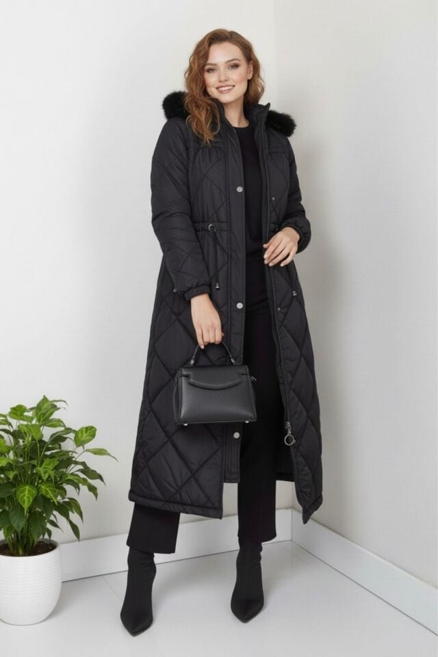 Yeni Sezon Kadın Kapüşonlu Uzun Mont KS2567 38 - siyah