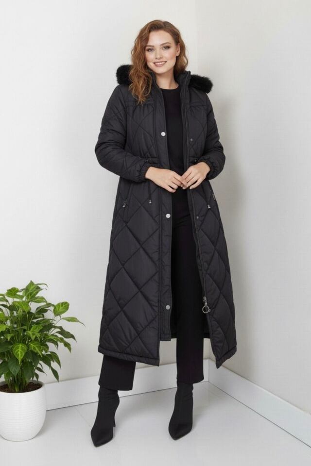 Yeni Sezon Kadın Kapüşonlu Uzun Mont KS2567 38 - siyah