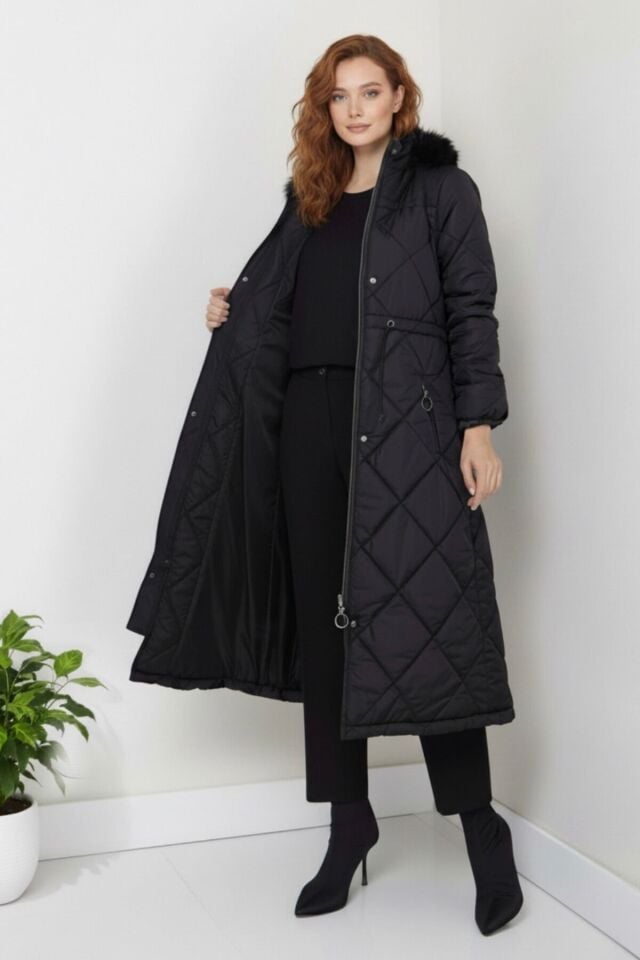 Yeni Sezon Kadın Kapüşonlu Uzun Mont KS2567 38 - siyah