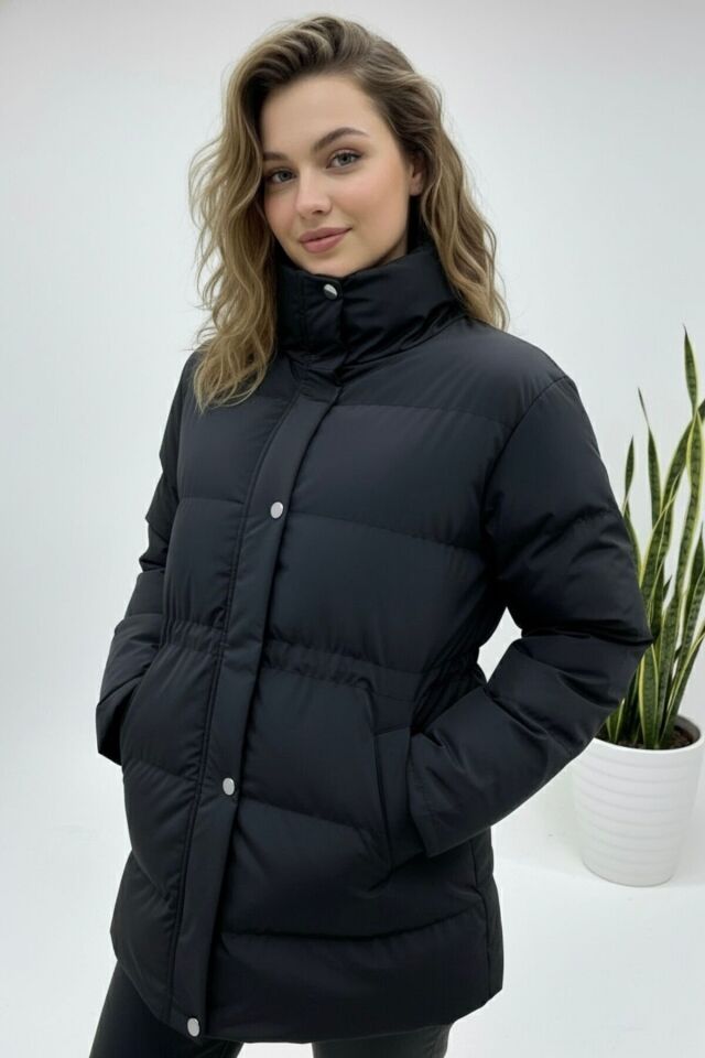 Ayarlanabilir Bel Şişme Mont Kadın Yeni Sezon Beyaz KS2568 M - siyah