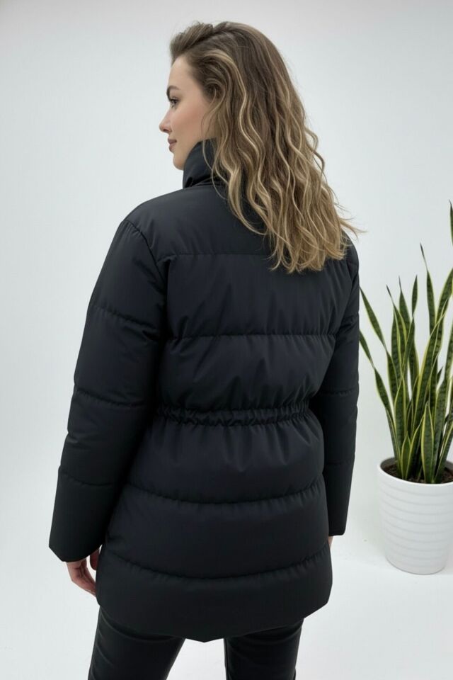 Ayarlanabilir Bel Şişme Mont Kadın Yeni Sezon Beyaz KS2568 M - siyah