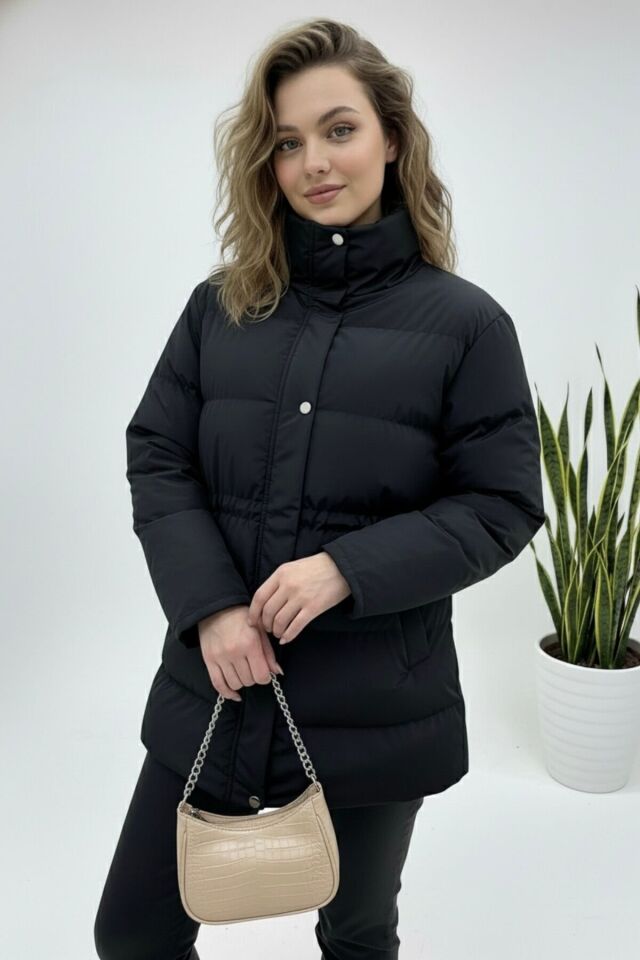 Ayarlanabilir Bel Şişme Mont Kadın Yeni Sezon Beyaz KS2568 M - siyah