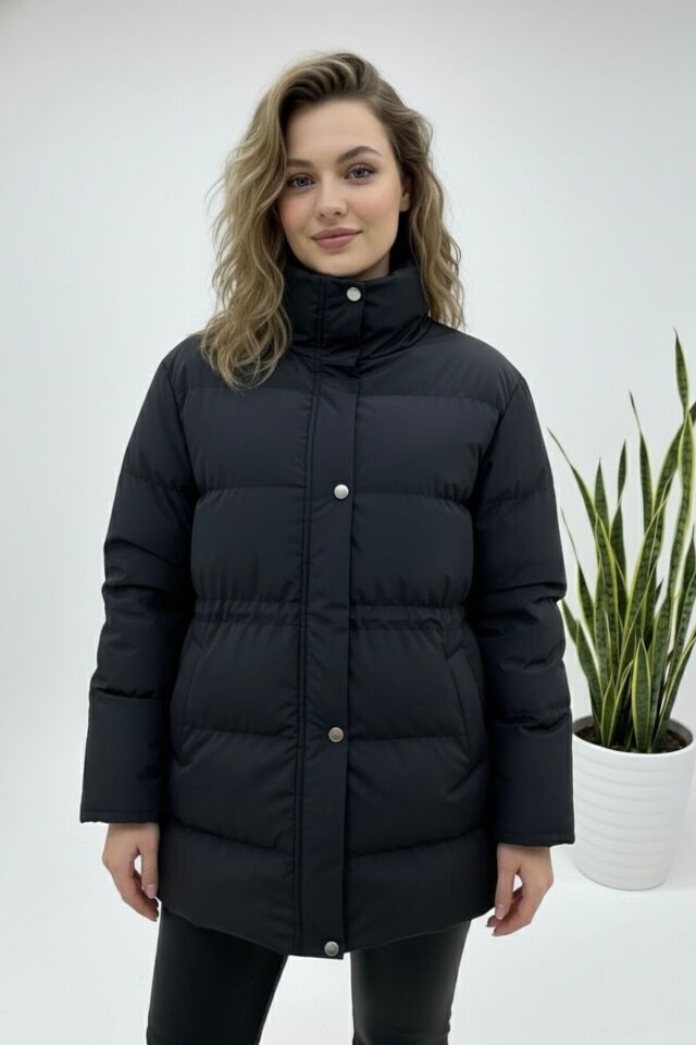 Ayarlanabilir Bel Şişme Mont Kadın Yeni Sezon Beyaz KS2568 M - siyah