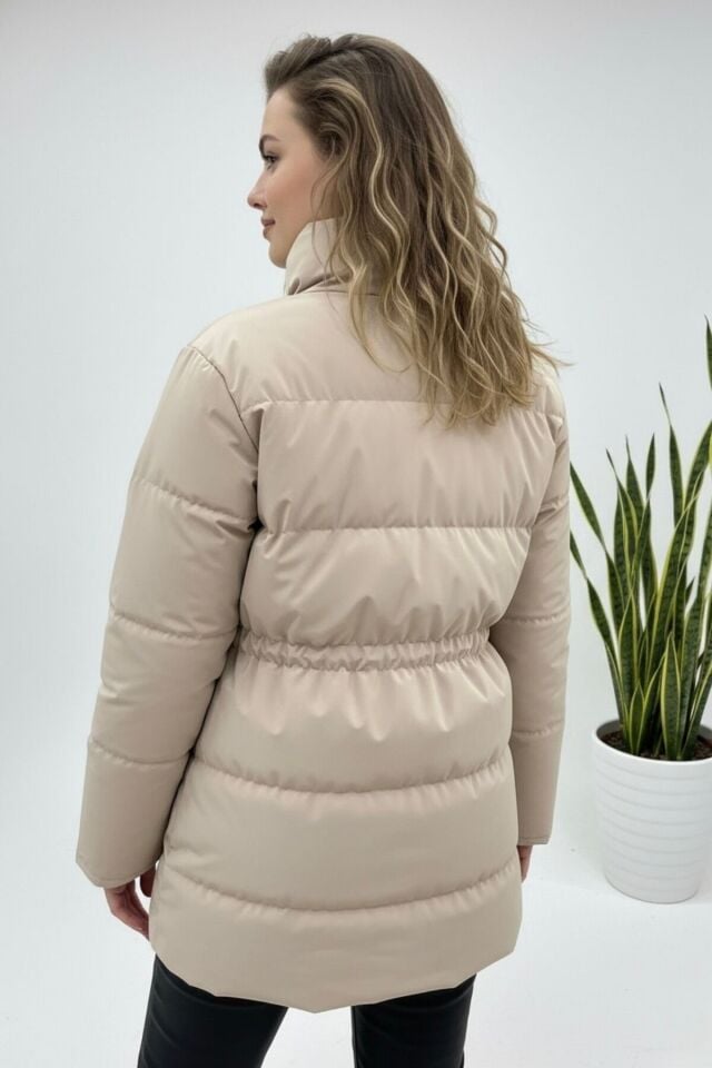 Ayarlanabilir Bel Şişme Mont Kadın Yeni Sezon Beyaz KS2568 XL - Bej