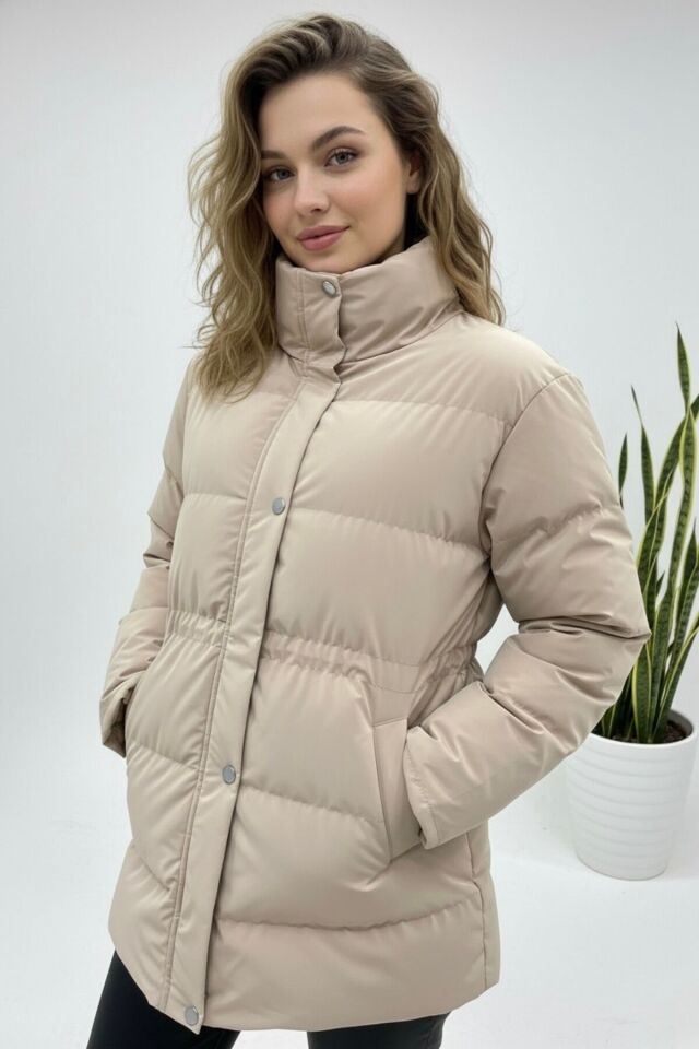 Ayarlanabilir Bel Şişme Mont Kadın Yeni Sezon Beyaz KS2568 L - Bej