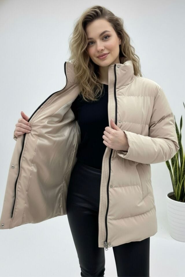 Ayarlanabilir Bel Şişme Mont Kadın Yeni Sezon Beyaz KS2568 L - Bej