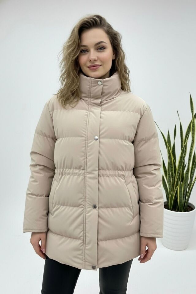 Ayarlanabilir Bel Şişme Mont Kadın Yeni Sezon Beyaz KS2568 L - Bej