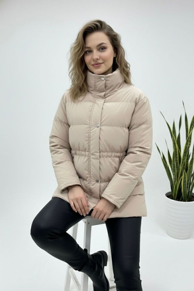 Ayarlanabilir Bel Şişme Mont Kadın Yeni Sezon Beyaz KS2568 L - Bej