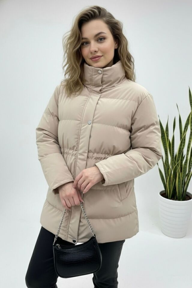 Ayarlanabilir Bel Şişme Mont Kadın Yeni Sezon Beyaz KS2568 L - Bej