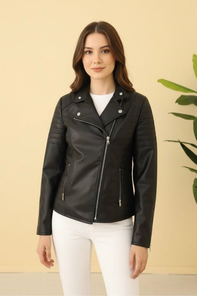 Polar Astarlı Yeni Sezon Kadın Deri Mont KS2569 40 - siyah