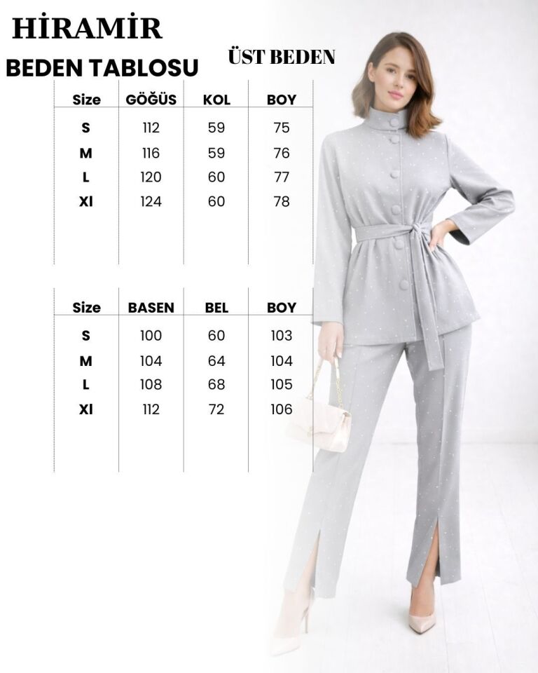 Kadın Taş Detaylı Ceket Pantolon Takım YZ2513 Bej - XL