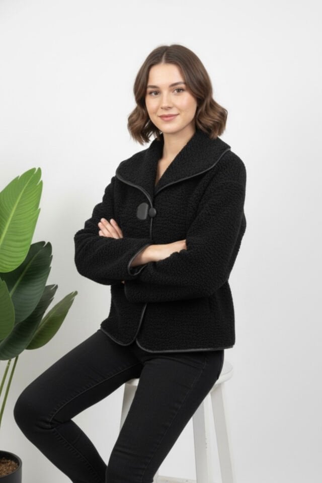 Yeni Sezon Kadın Tokalı Peluş Mont KS2573 M - siyah