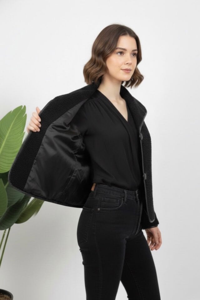 Yeni Sezon Kadın Tokalı Peluş Mont KS2573 M - siyah