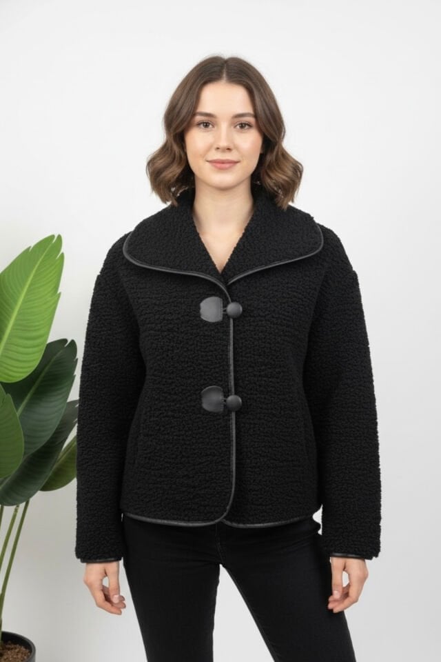 Yeni Sezon Kadın Tokalı Peluş Mont KS2573 M - siyah