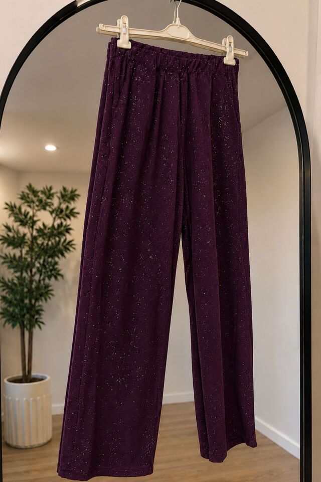 Kadın Yüksek Bel Lastikli Bol Paça Rahat Pantolon Günlük Şık Alt GiyimYZ2718 Mürdüm - XL