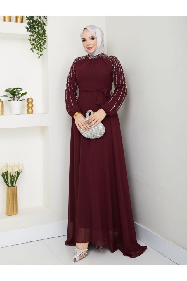 Kadın Kolları İşlemeli Astarlı Abiye Elbise YZ2501 40 - Bordo