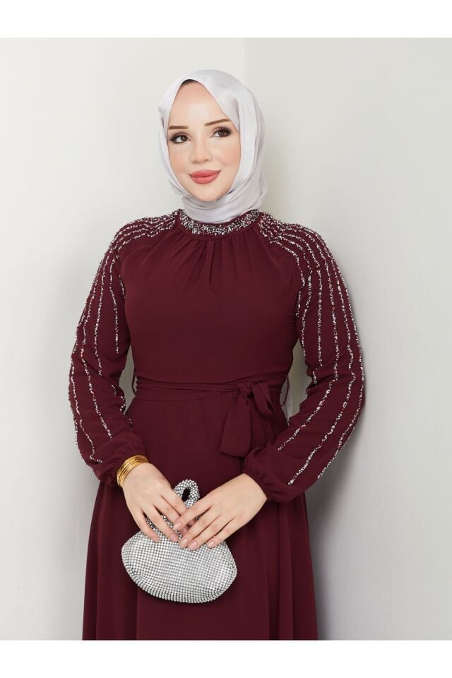 Kadın Kolları İşlemeli Astarlı Abiye Elbise YZ2501 40 - Bordo