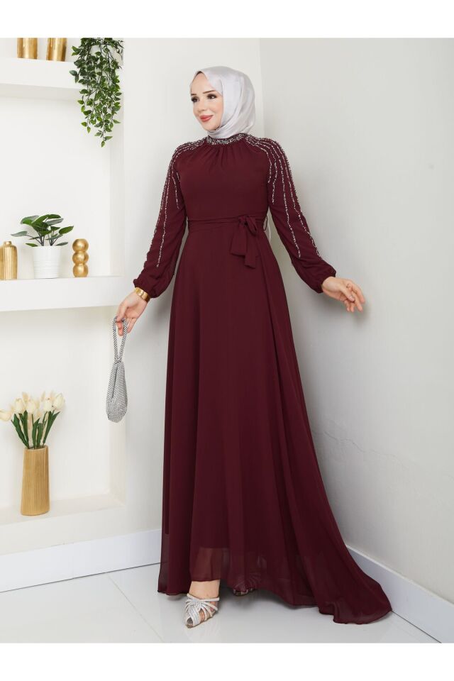 Kadın Kolları İşlemeli Astarlı Abiye Elbise YZ2501 40 - Bordo