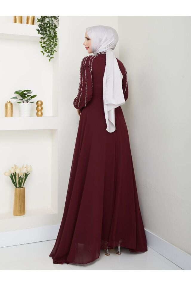 Kadın Kolları İşlemeli Astarlı Abiye Elbise YZ2501 40 - Bordo