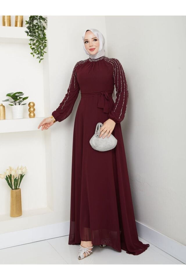 Kadın Kolları İşlemeli Astarlı Abiye Elbise YZ2501 40 - Bordo