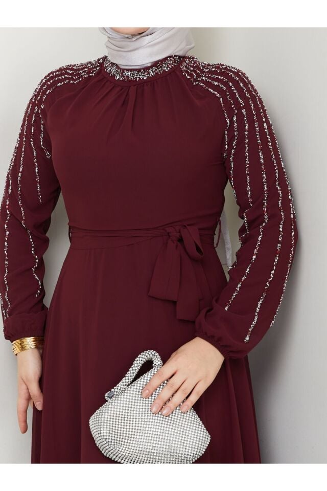 Kadın Kolları İşlemeli Astarlı Abiye Elbise YZ2501 40 - Bordo