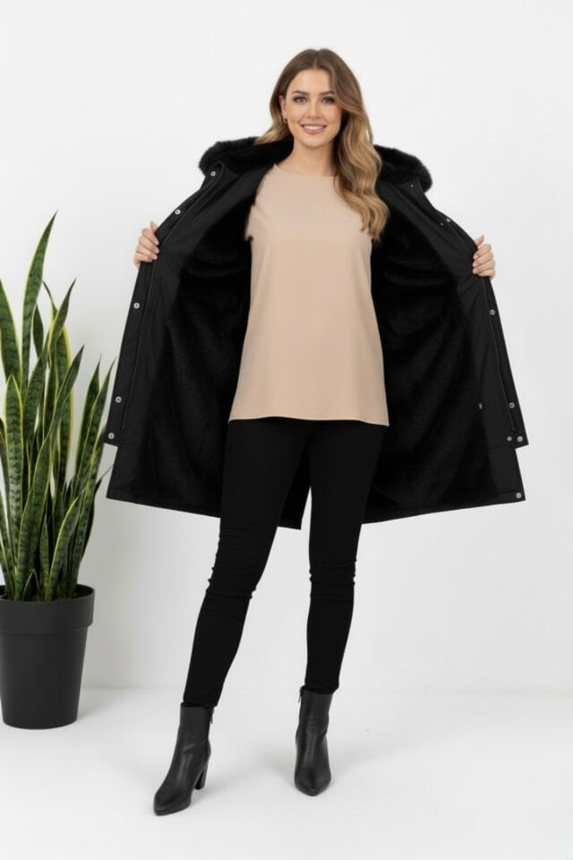 Kadın Kürk Kapüşonlu Astarlı Fermuarlı Siyah Kaban KS2546 44 - siyah