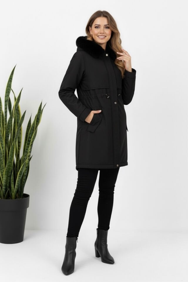 Kadın Kürk Kapüşonlu Astarlı Fermuarlı Siyah Kaban KS2546 44 - siyah