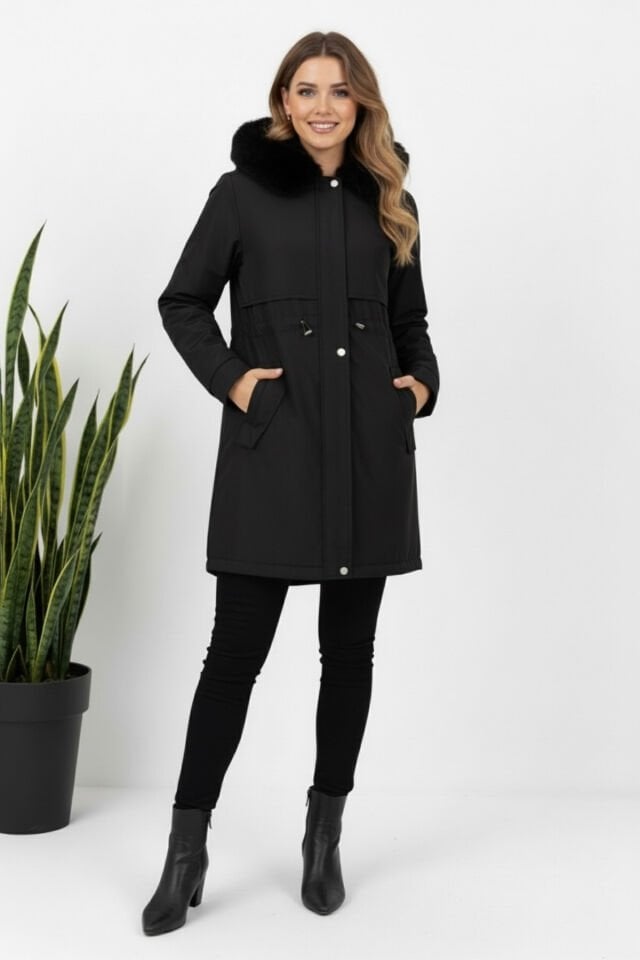 Kadın Kürk Kapüşonlu Astarlı Fermuarlı Siyah Kaban KS2546 44 - siyah