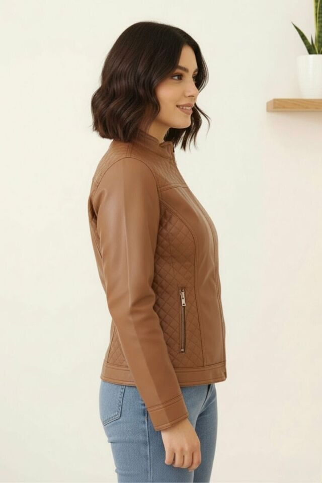 Suni Deri Polar Astarlı Yeni Sezon Kadın Mont Siyah KS2556 42 - Taba