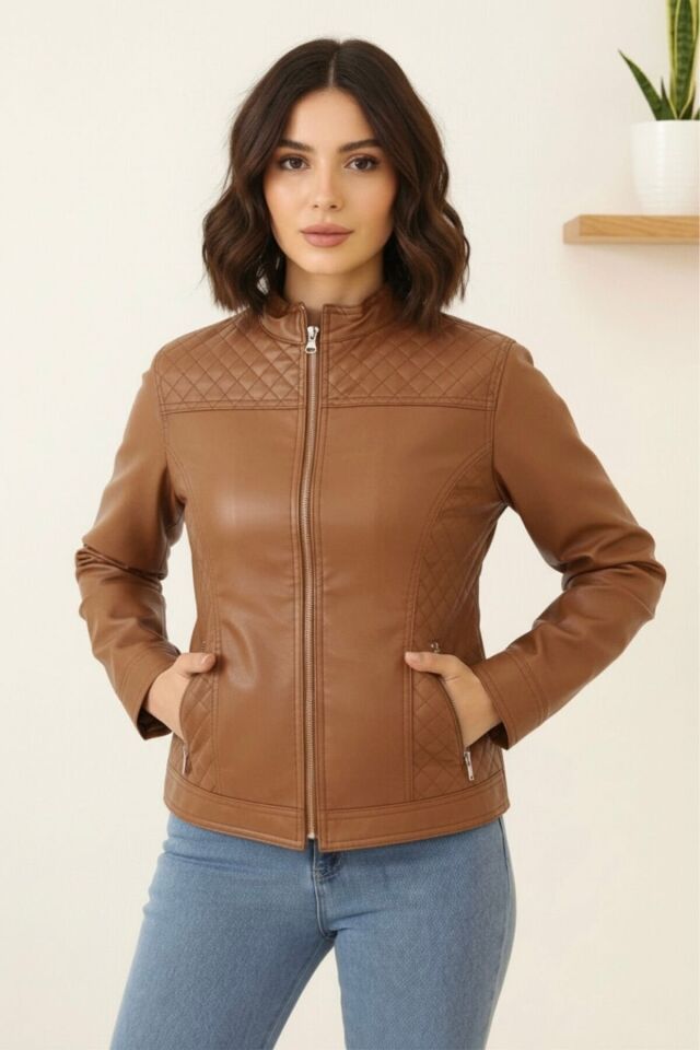 Suni Deri Polar Astarlı Yeni Sezon Kadın Mont Siyah KS2556 42 - Taba