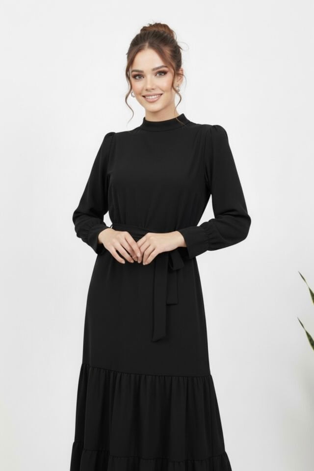 Yeni Sezon Kadın Büzgülü Elbise YZ2506 siyah - 48