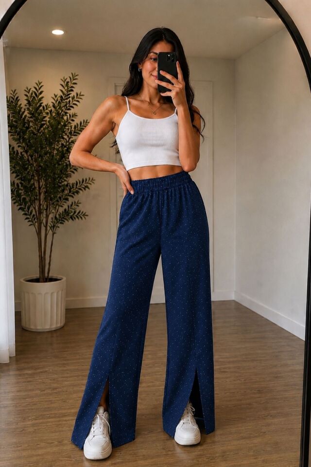Kadın Pantolon  Yırtmaç Detaylı Taş Dedaylı  Pantolon Günlük Rahat Şık Alt GiyimYZ2723 Lacivert - XL