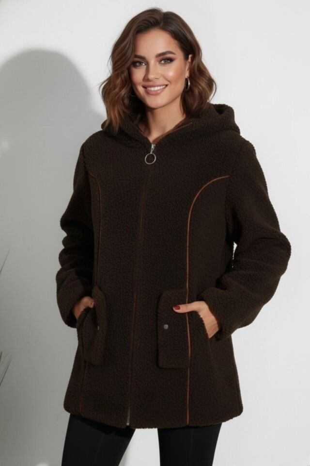 Peluş Yeni Sezon Kadın Kapüşonlu Astarlı Mont KS2563 38 - Kahverengi